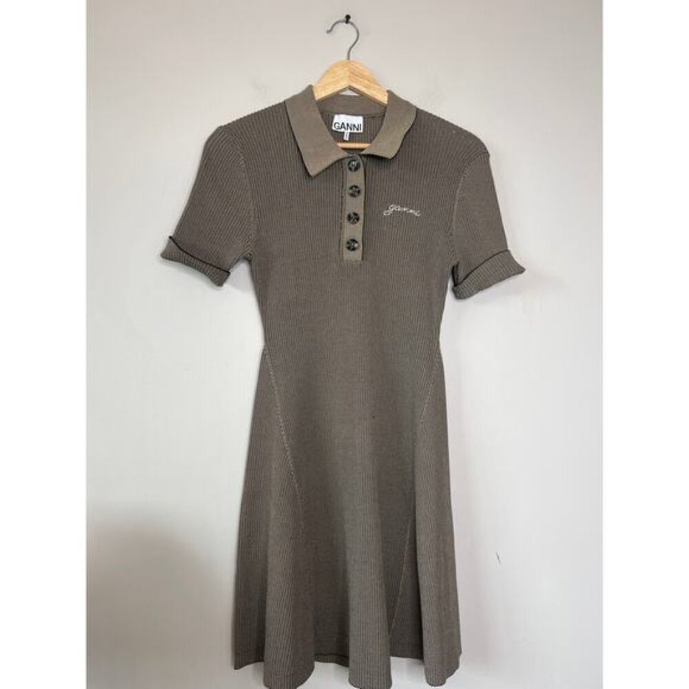 NEW Ganni Melange Collar Embroidered Short-Sleeve Knit Mini Dress Safari Size: M - Picture 2 of 8